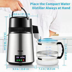 1.1 Gal Water Distiller, 0.3 Gal/H, 750W Distilled Water Maker Machine 0-99H Timing Set Temp Display, 304 Stainless Steel Countertop Distiller Glass Carafe Cleaning Powder 3 Carbon Packs, Silver