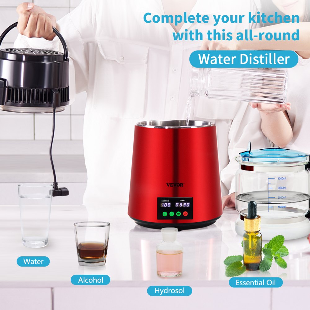 1.1Gal Water Distiller, 0.3Gal/H, 750W Distilled Water Maker Machine 0-99H Timing Setting Temp Display, 304 Stainless Steel Countertop Distiller Glass Carafe Cleaning Powder 3 Carbon Packs, Red