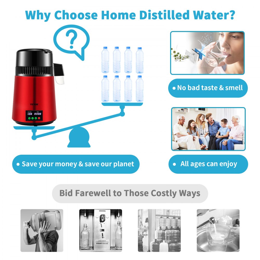 1.1Gal Water Distiller, 0.3Gal/H, 750W Distilled Water Maker Machine 0-99H Timing Setting Temp Display, 304 Stainless Steel Countertop Distiller Glass Carafe Cleaning Powder 3 Carbon Packs, Red