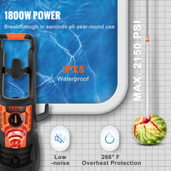 Electric Pressure Washer, 2150 PSI, Max. 1.8 GPM, 1800W Power Washer w/ 26 ft Hose, 4 Quick Connect Nozzles, Foam Cannon, Portable to Clean Patios, Cars, Fences, Driveways