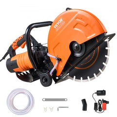 Orange Bostome electric concrete saw with 14-inch blade, 5-inch depth, 3200W power, wet-cutting attachment, and wheeled base.