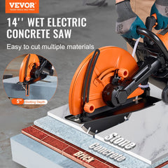 Electric concrete saw with 14-inch blade, 5-inch cutting depth, and ergonomic handle.