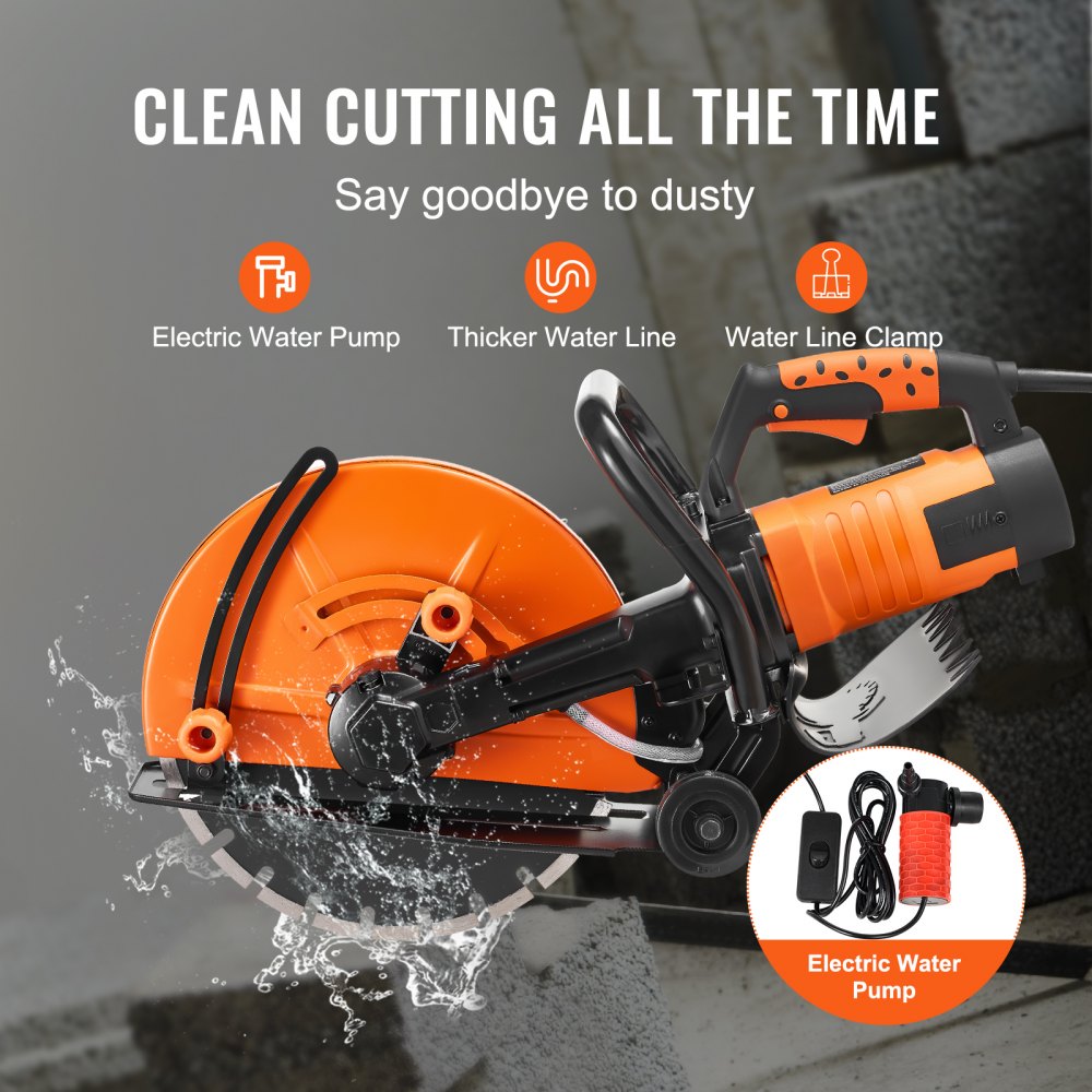 Bostome electric concrete saw with 14-inch blade and ergonomic D-shaped handle in black and orange.