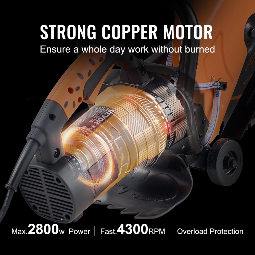Close-up of Bostome electric concrete saw motor with copper coil and blade guard.