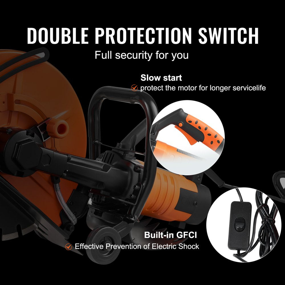 Electric concrete saw with 14-inch blade, orange handle, double protection switch, built-in GFCI, and power cord.