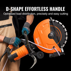 Man using orange Bostome electric concrete saw with 14-inch blade and D-shaped handle.