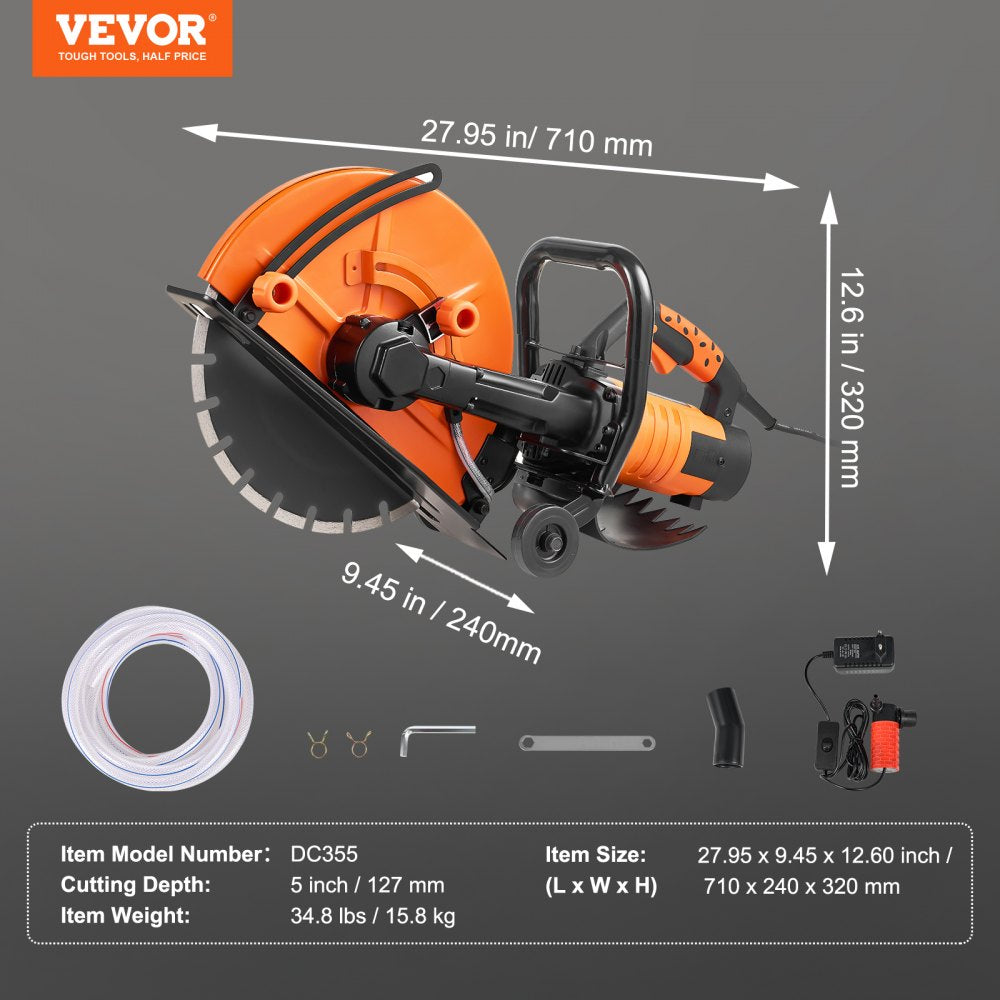 Orange electric concrete saw with 14-inch blade, 5-inch depth, and accessories on gray background.