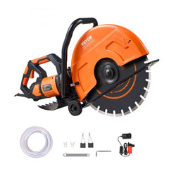 Bostome 16in electric concrete saw with wet-cutting attachment and ergonomic wheeled base.