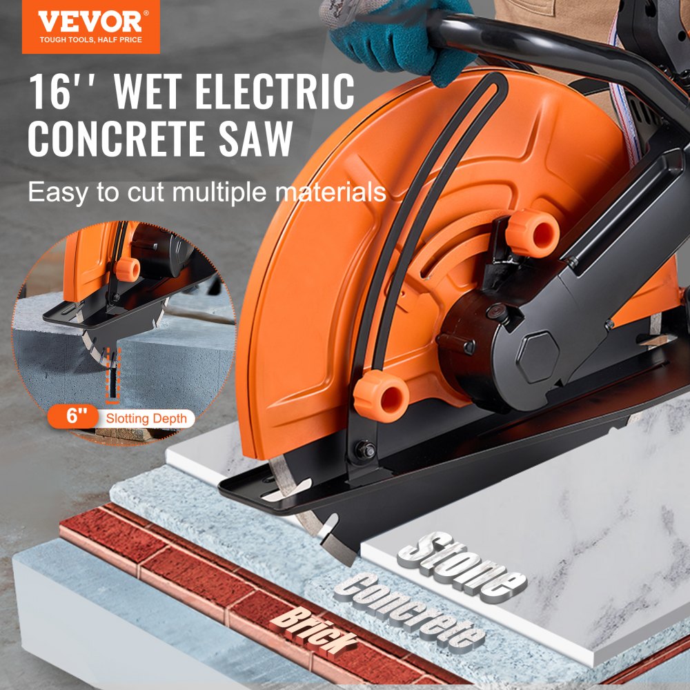 Bostome 16-inch electric concrete saw with wet-cutting attachment and ergonomic wheeled base.