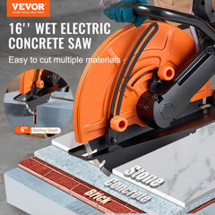Bostome 16-inch electric concrete saw with wet-cutting attachment and ergonomic wheeled base.