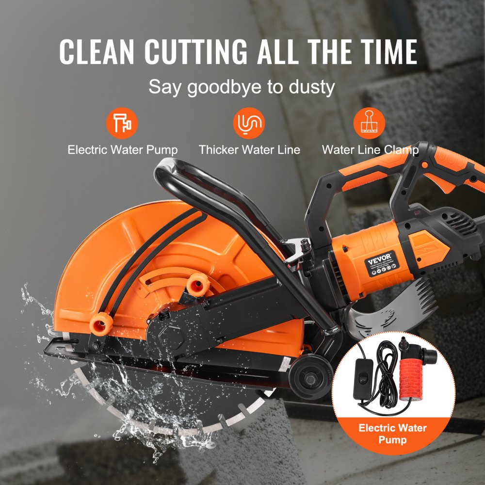 Bostome 16-inch electric concrete saw with wet-cutting attachment and ergonomic wheeled base.