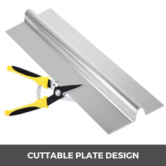 Aluminum PEX heat transfer plate with cuttable design and tin snips.