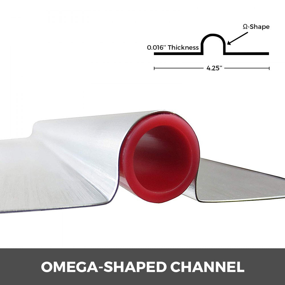 Silver aluminum omega-shaped heat transfer plate, 4 ft long with 0.016" thickness and red U-channel for PEX tubing.
