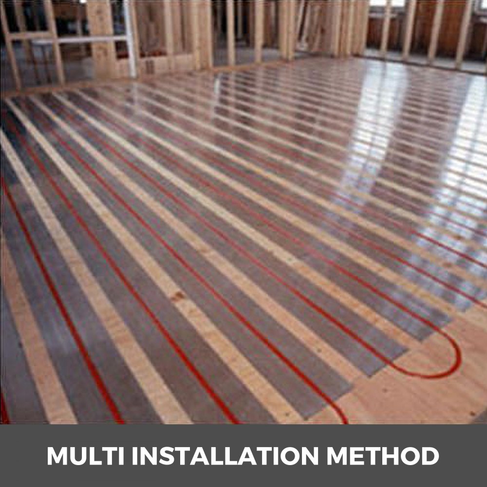Installation of Bostome aluminum PEX heat transfer plates in a wooden subfloor with 1/2-inch tubing.