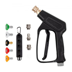 Short Pressure Washer Gun, 4000 PSI High Power Washer Spay Gun, M22-14 mm / M22-15 / 3/8`` Inlet & 1/4`` Outlet Hose Connector Foam Gun, Pressure Washer Handle with 5 Color Quick Connect Nozzles