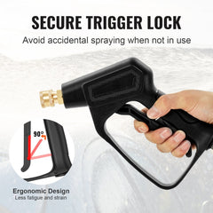 Short Pressure Washer Gun, 4000 PSI High Power Washer Spay Gun, M22-14 mm / M22-15 / 3/8`` Inlet & 1/4`` Outlet Hose Connector Foam Gun, Pressure Washer Handle with 5 Color Quick Connect Nozzles
