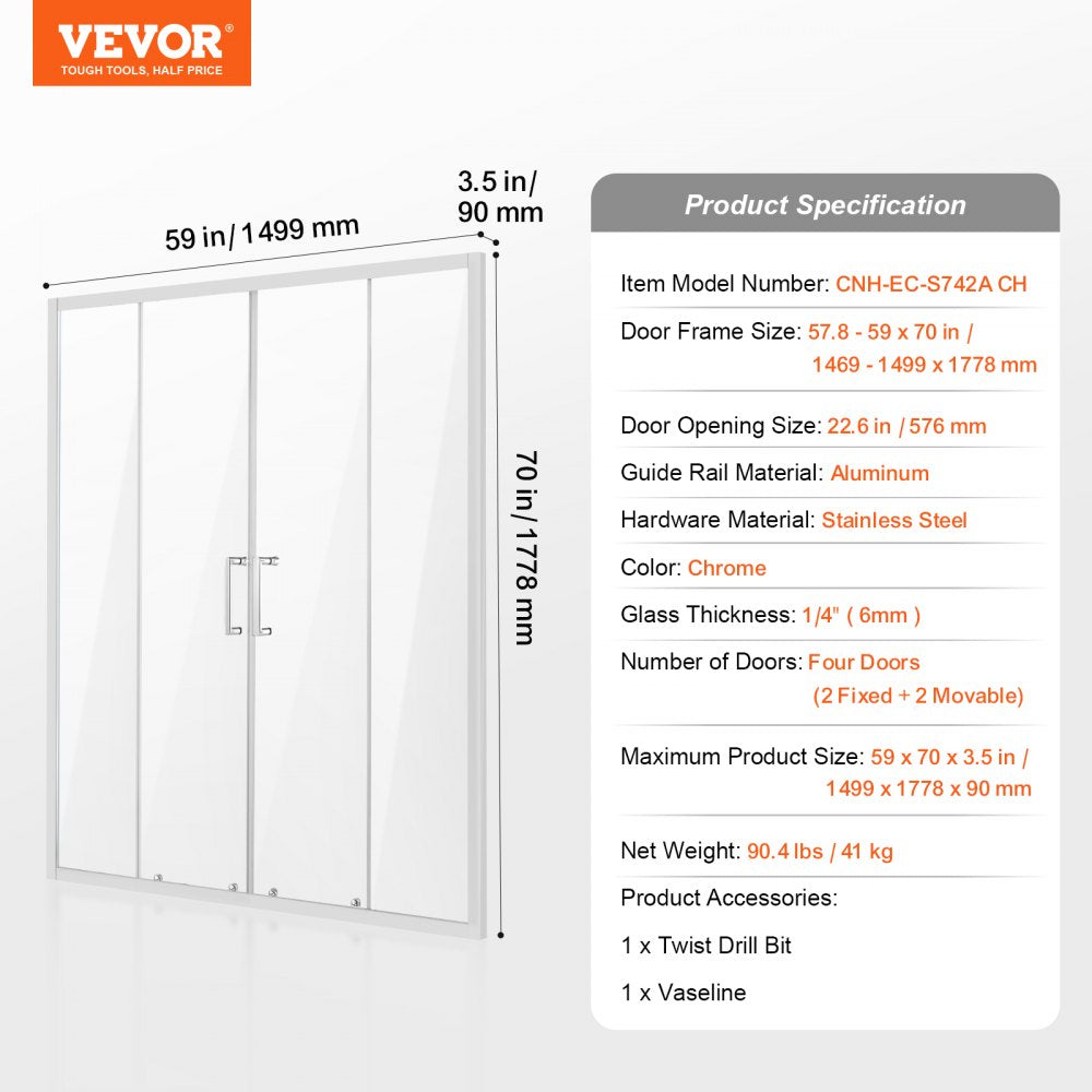 Semi-frameless Double Sliding Shower Door SGCC Tempered Glass 1/4" Chrome