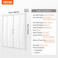 Semi-frameless Double Sliding Shower Door SGCC Tempered Glass 1/4" Chrome
