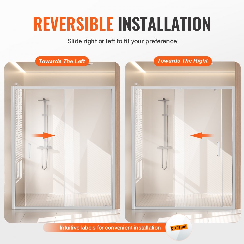 Semi-frameless Shower Door 57.7-59" x 70" SGCC Tempered Glass 1/4" Chrome