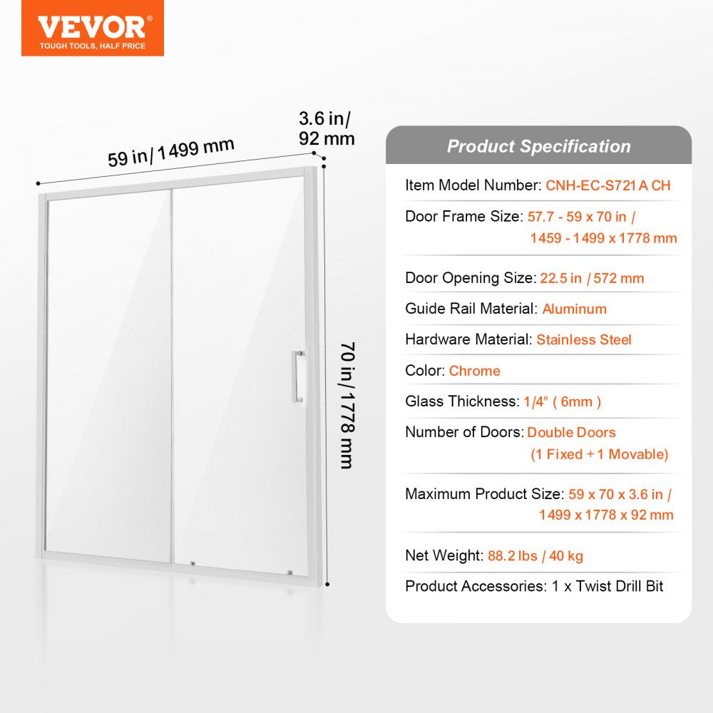 Semi-frameless Shower Door 57.7-59" x 70" SGCC Tempered Glass 1/4" Chrome