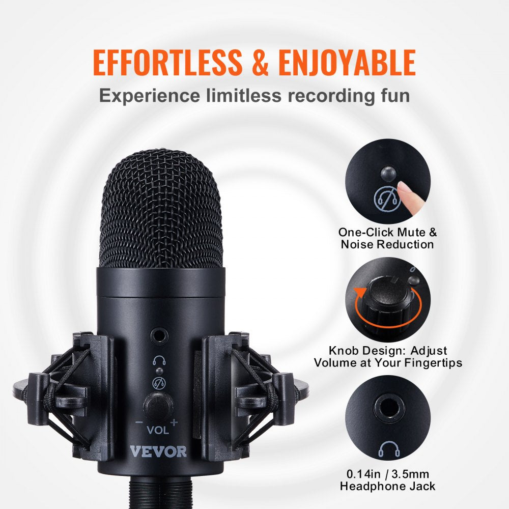 USB Microphone, 192kHz/24-bit, Professional Condenser Microphone Kit, with Boom Arm Stand Pop Filter Shock Mount Mute Button Headphones Jack, for Podcast Recording Video Gaming Singing Streaming