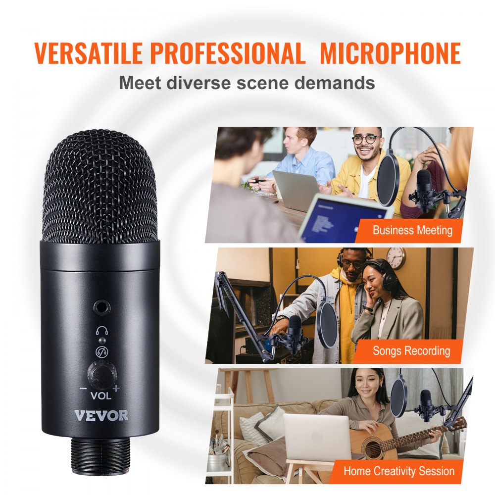 USB Microphone, 192kHz/24-bit, Professional Condenser Microphone Kit, with Boom Arm Stand Pop Filter Shock Mount Mute Button Headphones Jack, for Podcast Recording Video Gaming Singing Streaming