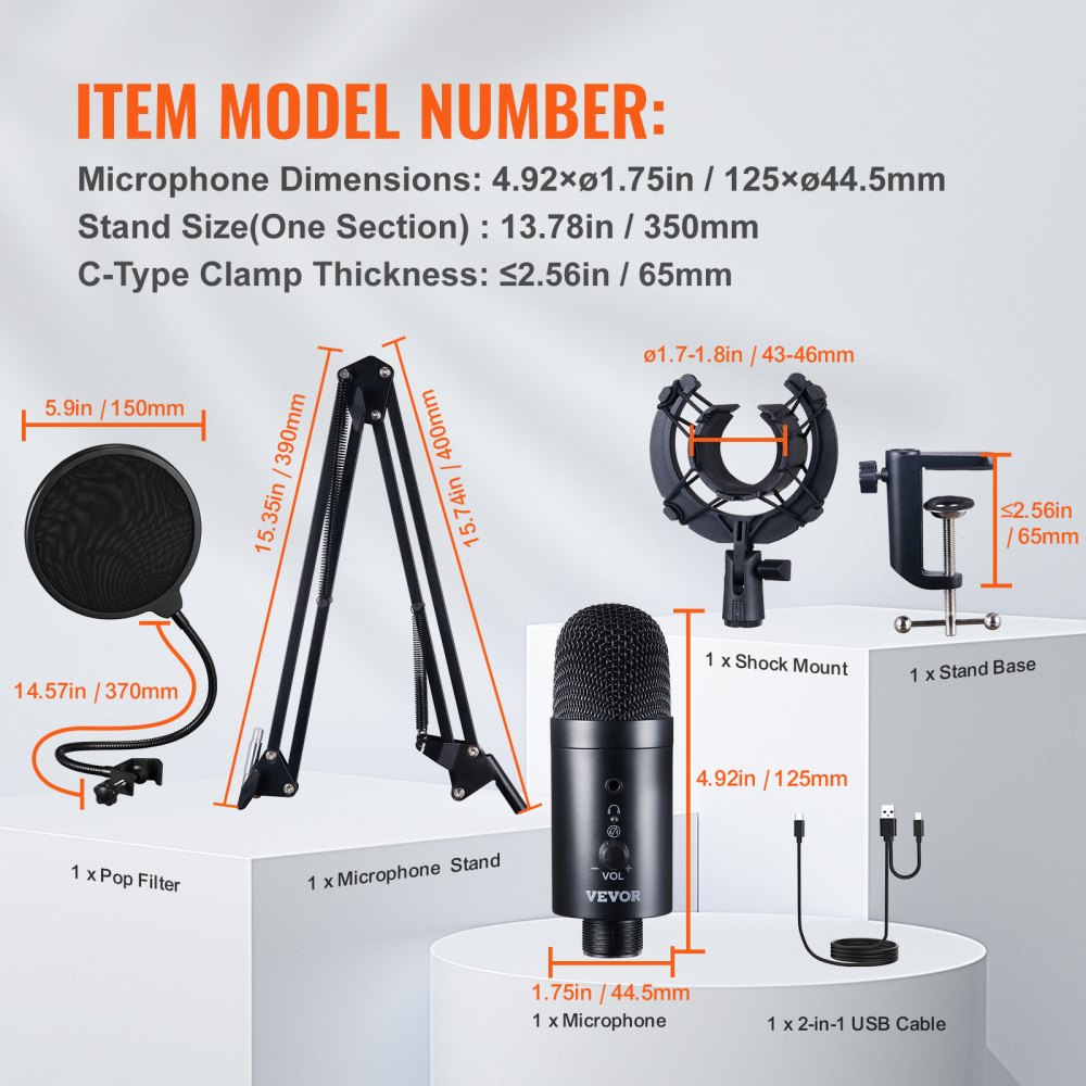 USB Microphone, 192kHz/24-bit, Professional Condenser Microphone Kit, with Boom Arm Stand Pop Filter Shock Mount Mute Button Headphones Jack, for Podcast Recording Video Gaming Singing Streaming