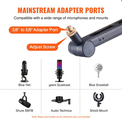 Microphone Boom Arm with Desk Mount, 360° Rotatable, Adjustable Mic Stand with 3/8" to 5/8" Adapter Port Headset Hook, for Blue Yeti Hyperx Quadcast Blue Snowball Shure SM7B Audio Technica