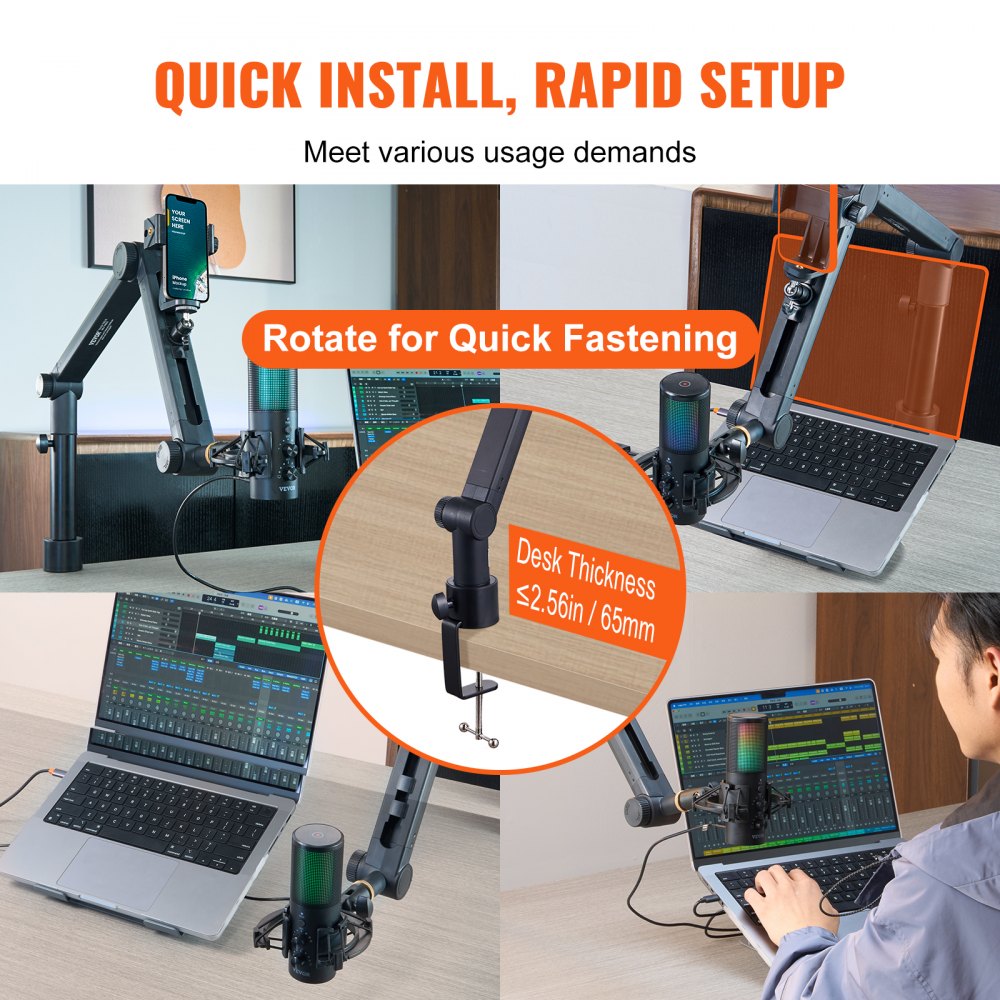 Microphone Boom Arm with Desk Mount, 360° Rotatable, Adjustable Mic Stand with 3/8" to 5/8" Adapter Port Headset Hook, for Blue Yeti Hyperx Quadcast Blue Snowball Shure SM7B Audio Technica