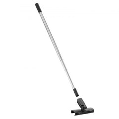 An adjustable stainless steel handle with a black grip and a black fixator for drywall skimming.