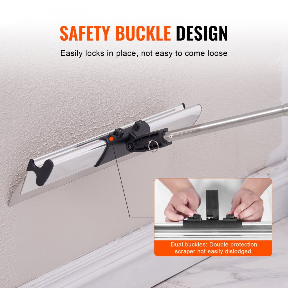 A drywall skimming blade with an adjustable handle is shown against a textured wall, highlighting its safety buckle design.