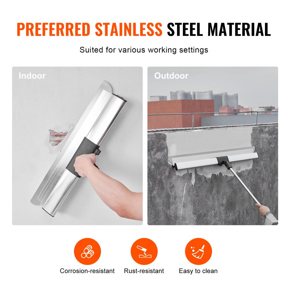 A person uses a stainless steel drywall skimming blade indoors and outdoors.