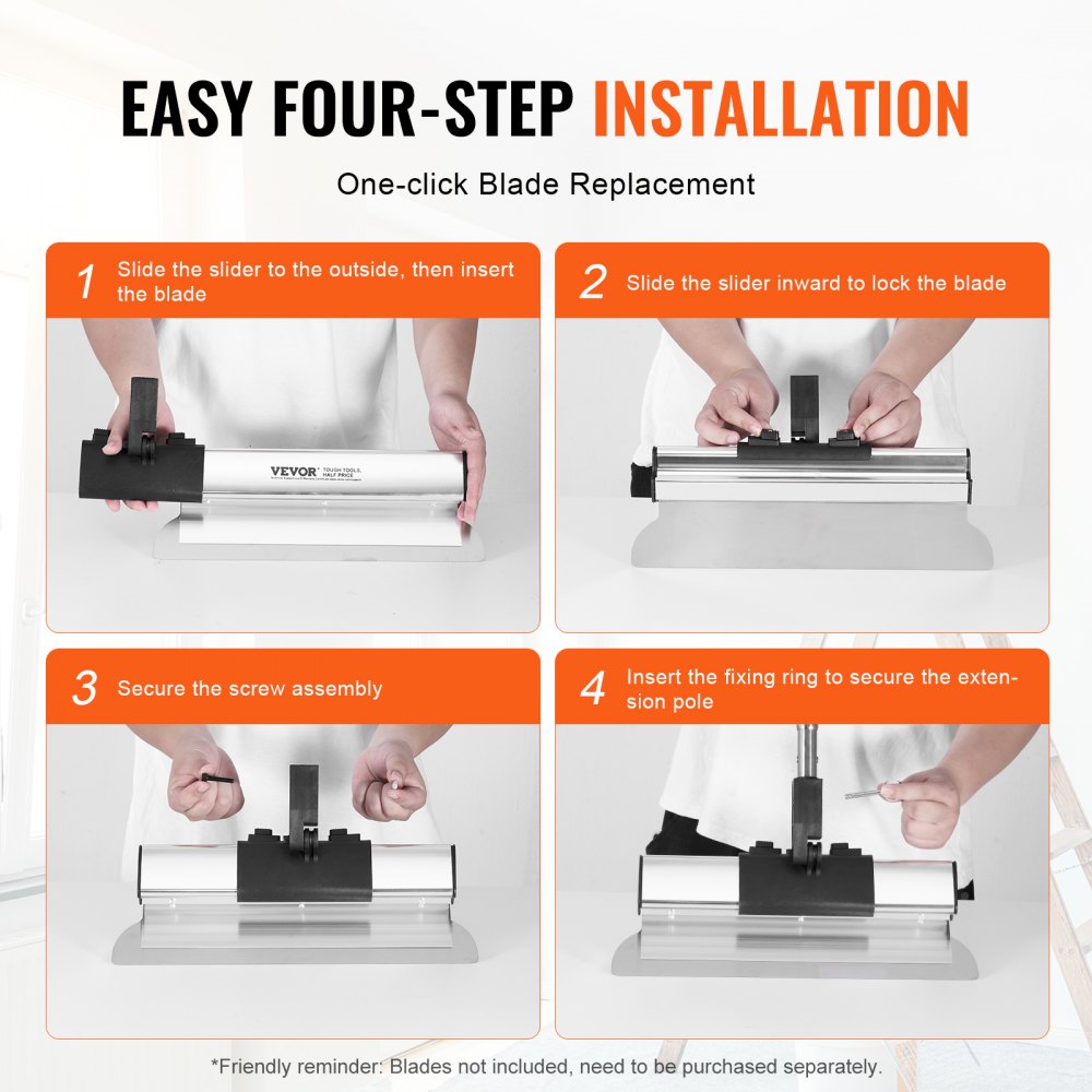 A four-step guide shows how to install a blade and secure an extension pole to a drywall skimming tool.