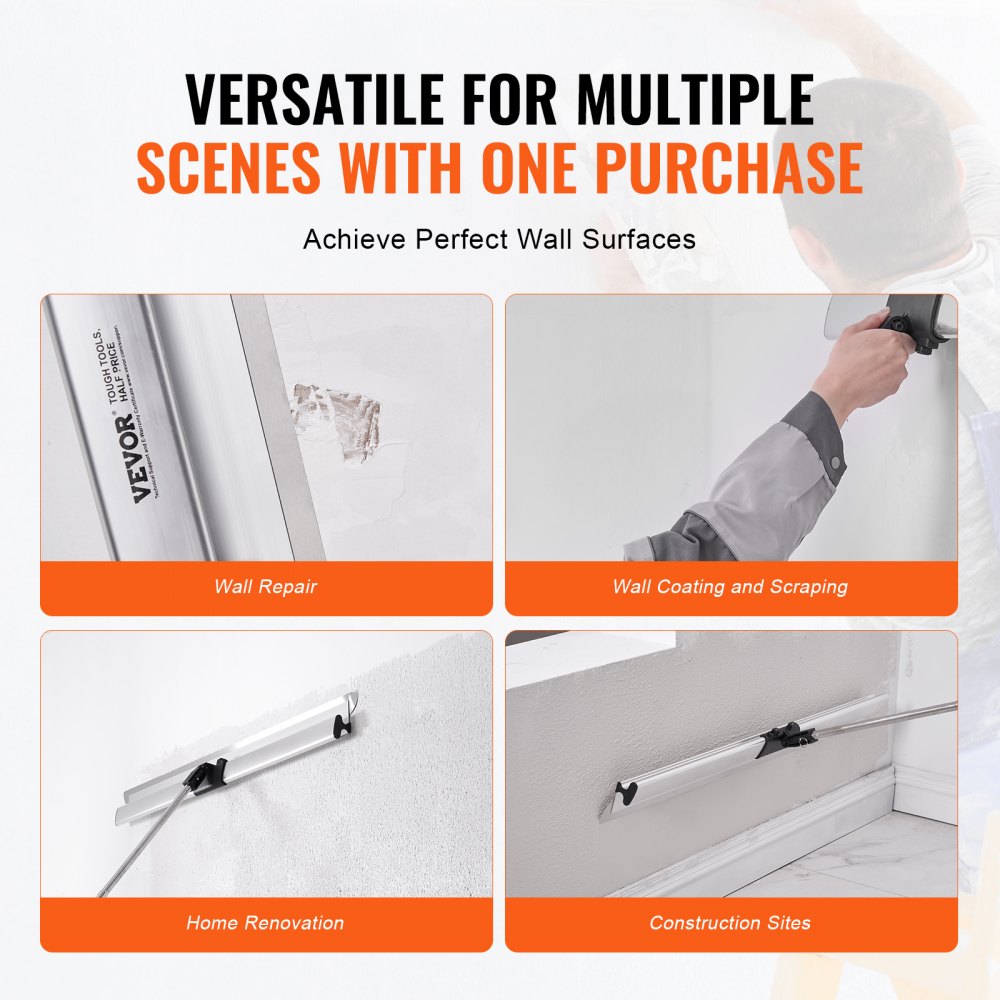 A drywall skimming kit with an adjustable handle is shown in four different wall repair scenarios.