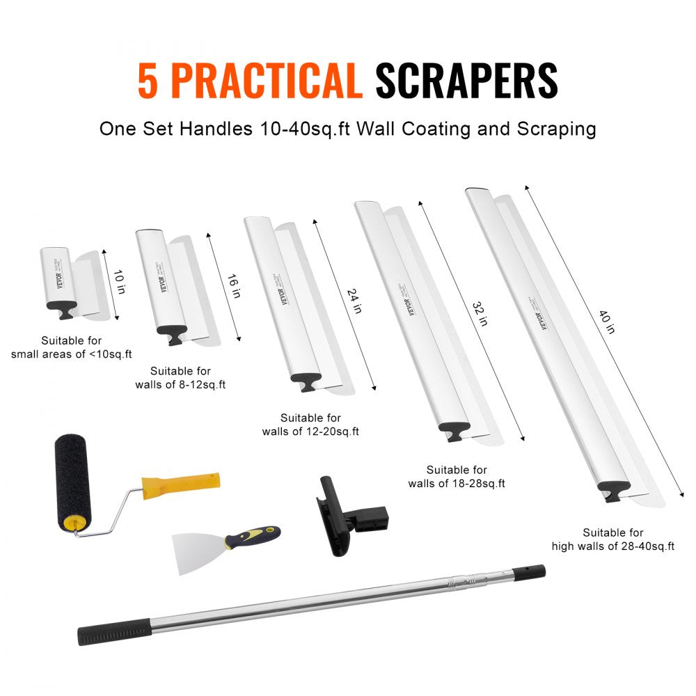 Set of five stainless steel drywall skimming blades, 10-40 inches, with telescopic extension pole.