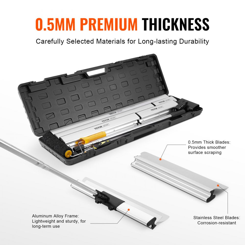 Bostome drywall skimming set with stainless steel blades and adjustable extension pole in case.
