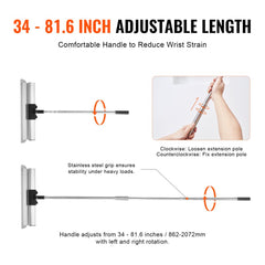 Adjustable 34-81.6 inch extension pole for drywall skimming blades, showing clockwise extension and comfortable grip.