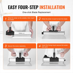 Four-step installation guide for Bostome drywall skimming blade set with one-click replacement.