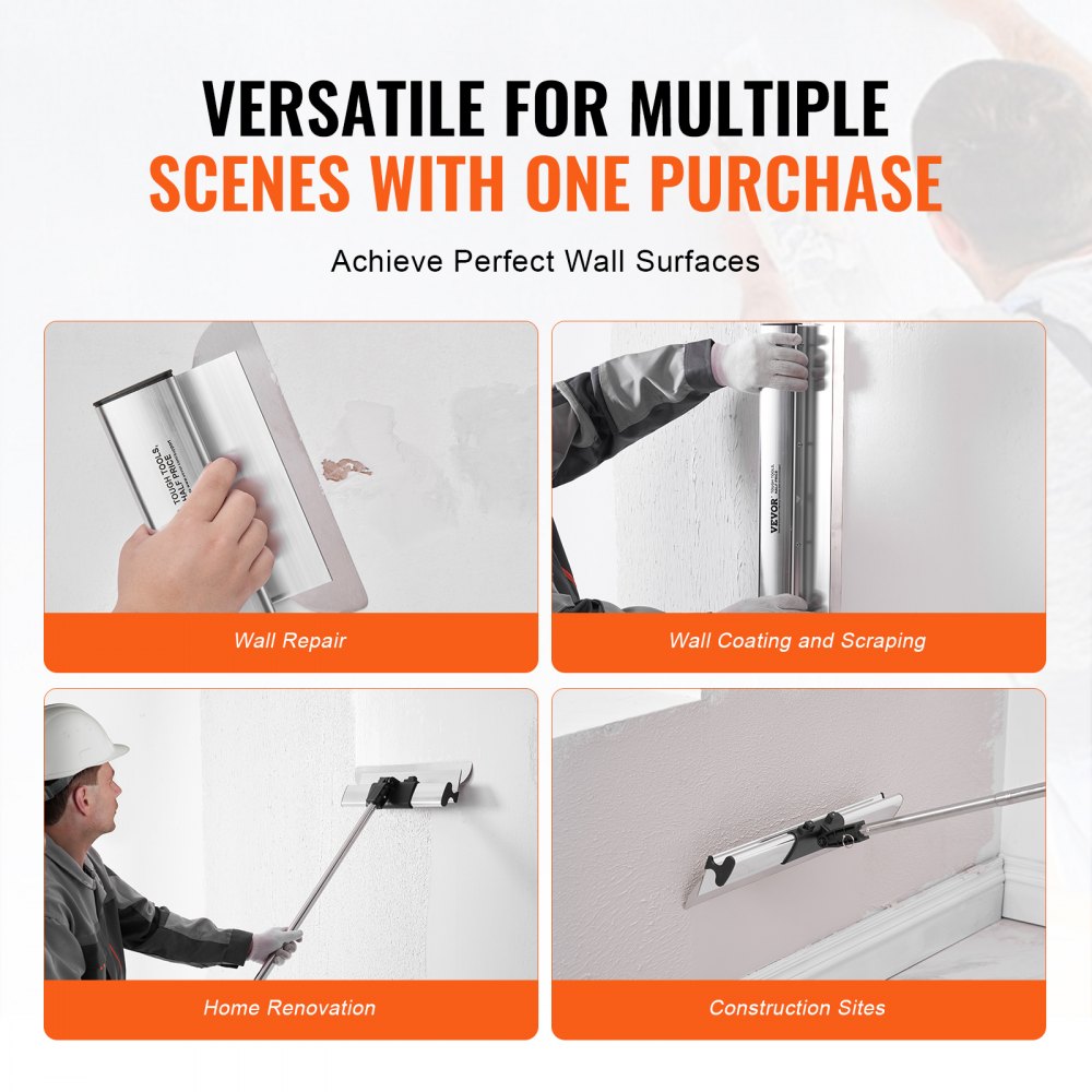 Bostome drywall skimming blade set with 10-40in stainless steel blades and extension pole for wall finishing.