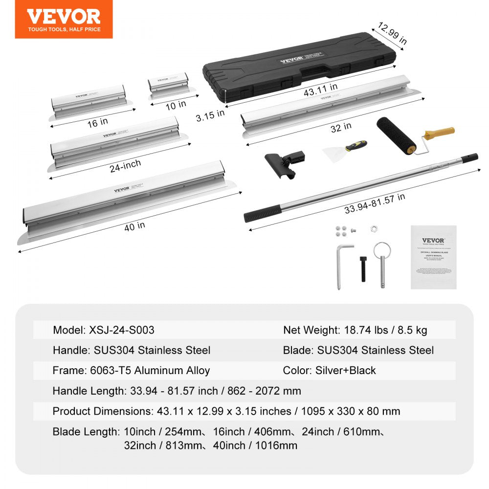 Stainless steel drywall skimming blade set with 10-40 inch blades and telescopic extension pole.