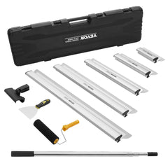 Bostome drywall skimming set with five stainless steel blades and adjustable extension pole.
