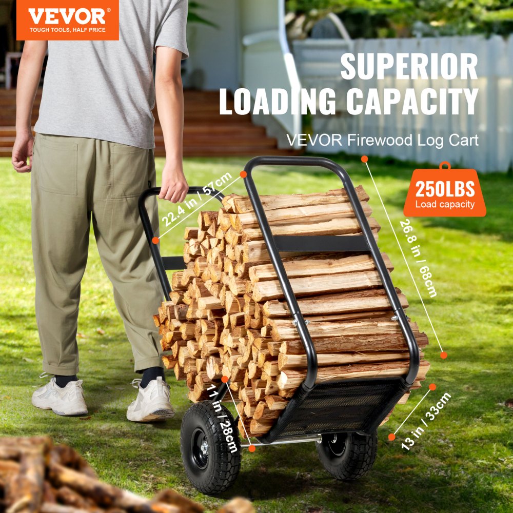 Firewood Log Cart, 250 lbs Capacity, Outdoor and Indoor Wood Rack Storage Mover with PU Wheels & Waterproof Cloth, Heavy Duty Steel Dolly Hauler, Firewood Carrier for Fireplace, Fire Pit, Black