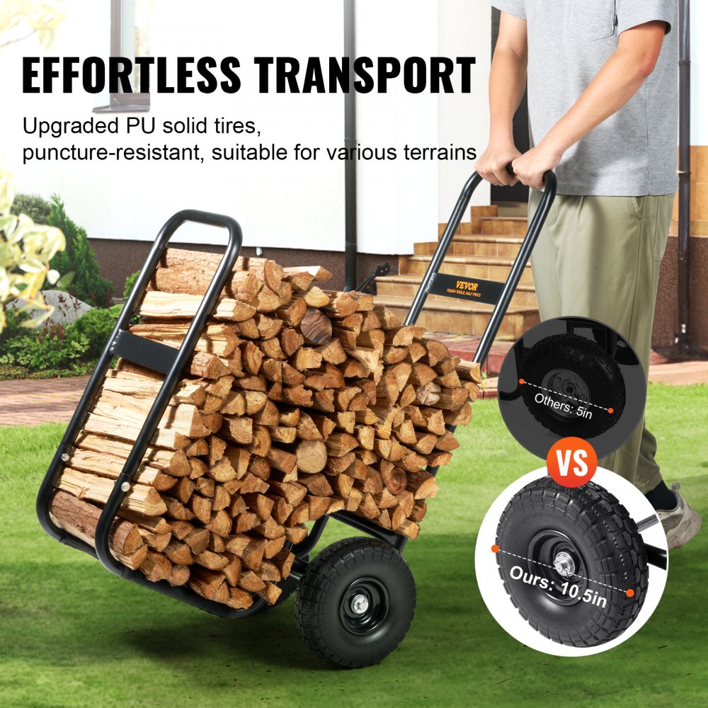 Firewood Log Cart, 250 lbs Capacity, Outdoor and Indoor Wood Rack Storage Mover with PU Wheels & Waterproof Cloth, Heavy Duty Steel Dolly Hauler, Firewood Carrier for Fireplace, Fire Pit, Black