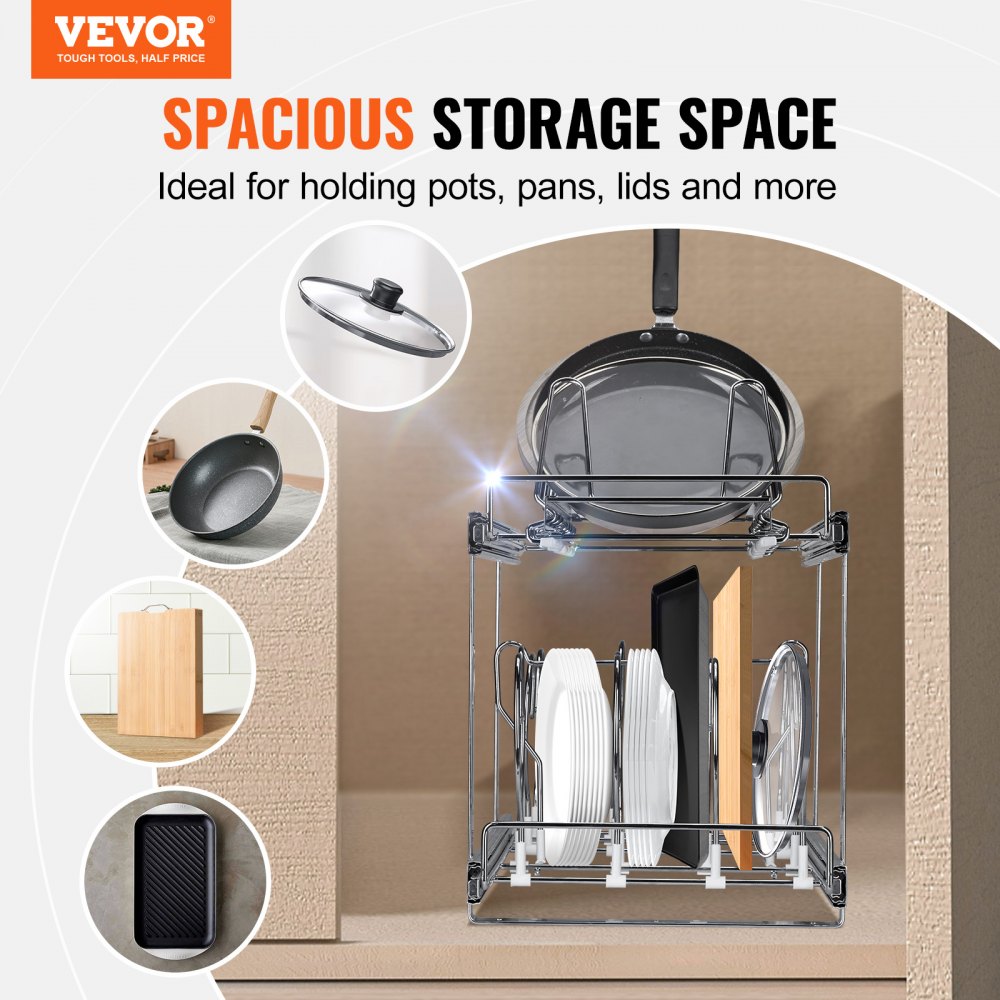 Pan and Pot Rack, 2-Tier Expandable Pull Out Under Cabinet Organizer, Cookie Sheet Baking Pans Tray Racks, Adjustable Wire Dividers, Steel Lid Holder for Kitchen Cabinet & Pantry Storage, 12"W