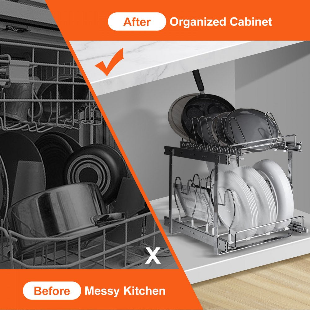 Pan and Pot Rack, 2-Tier Expandable Pull Out Under Cabinet Organizer, Cookie Sheet Baking Pans Tray Racks, Adjustable Wire Dividers, Steel Lid Holder for Kitchen Cabinet & Pantry Storage, 12"W