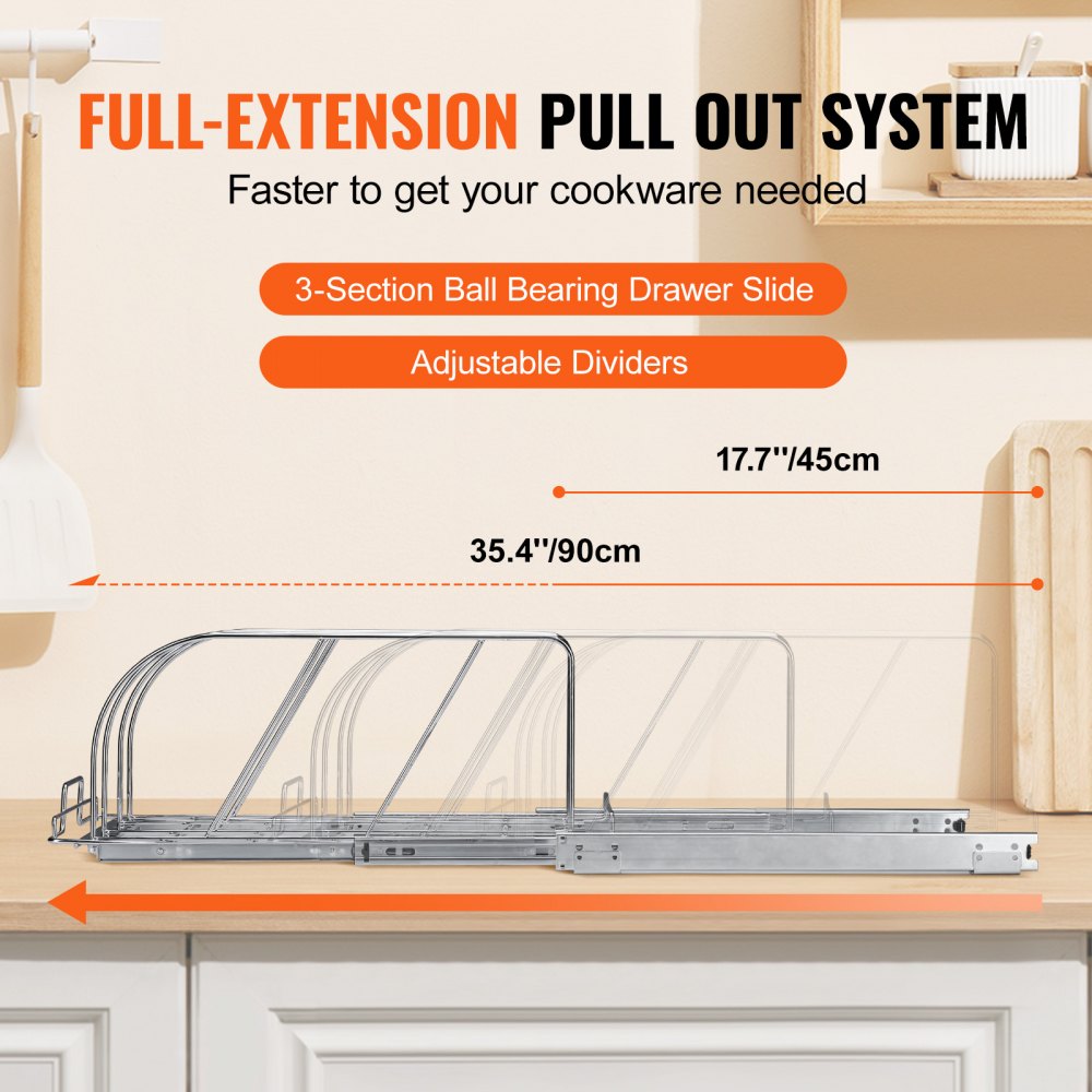 Pan and Pot Rack, Expandable Pull Out Under Cabinet Organizer, Cookie Sheet Baking Pans tray Organization, Adjustable Wire Dividers, Steel Lid Holder for Kitchen Cabinet & Pantry Storage, 11.7"W
