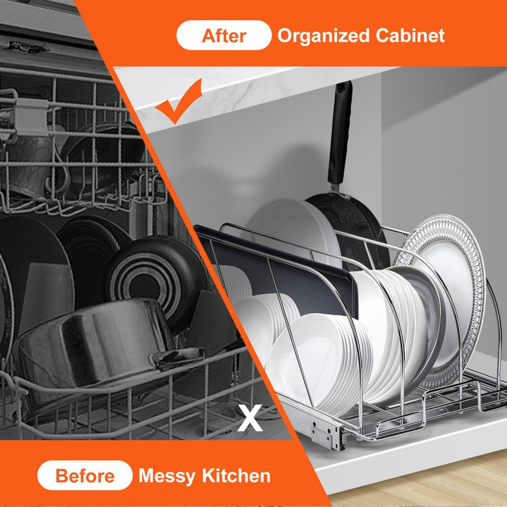 Pan and Pot Rack, Expandable Pull Out Under Cabinet Organizer, Cookie Sheet Baking Pans tray Organization, Adjustable Wire Dividers, Steel Lid Holder for Kitchen Cabinet & Pantry Storage, 11.7"W