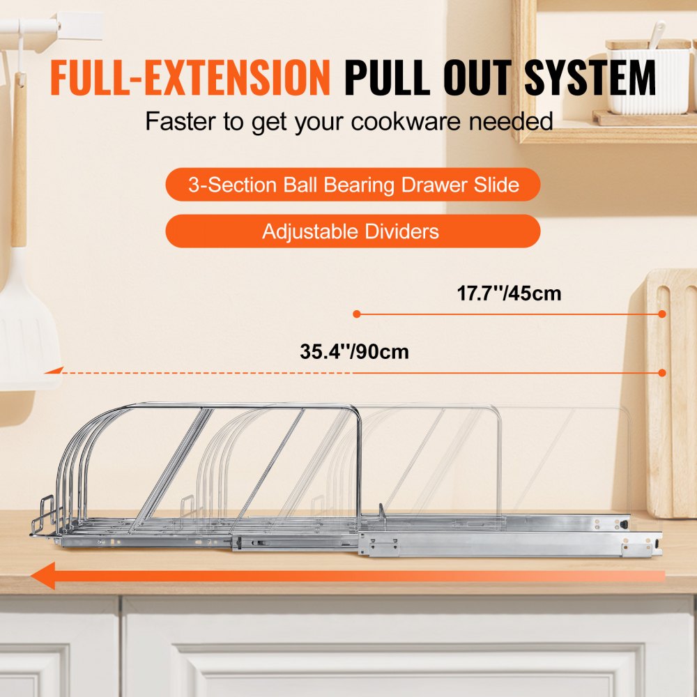 Pan and Pot Rack, Expandable Pull Out Under Cabinet Organizer, Cookie Sheet Baking Pans tray Organization, Adjustable Wire Dividers, Steel Lid Holder for Kitchen Cabinet & Pantry Storage, 12.5"W