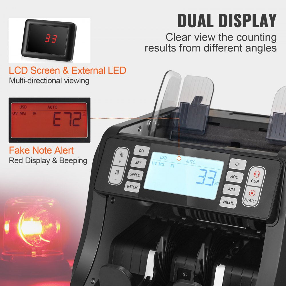 Money Counter Machine, Bill Counter with UV, MG, IR and DD Counterfeit Detection, USD & EUR Cash Counting Machine with Add and Batch Modes, Large LCD & External Display