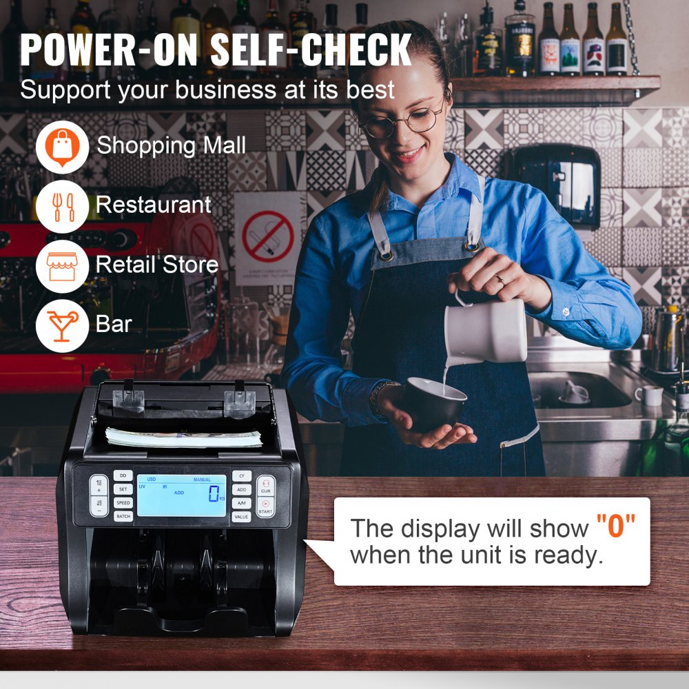 Money Counter Machine, Bill Counter with UV, MG, IR and DD Counterfeit Detection, USD & EUR Cash Counting Machine with Add and Batch Modes, Large LCD & External Display